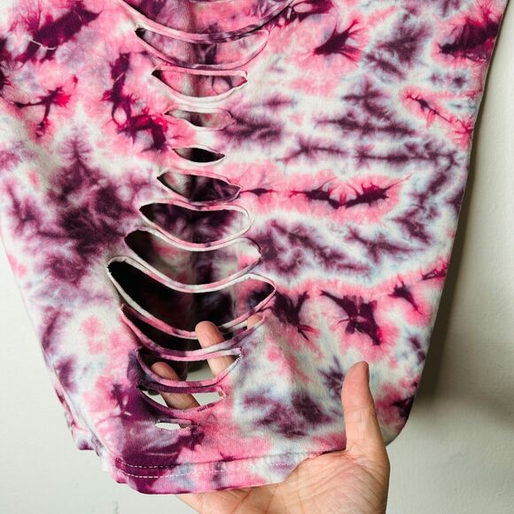 Sleeveless Cropped Hand Cut Out Plum & Pink Cream Tie Dye Crew Neck Top S - Picture 2 of 10